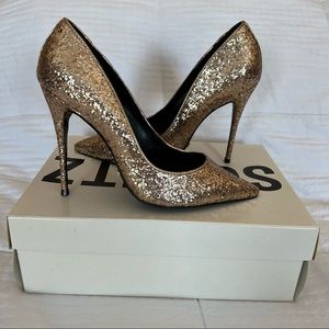 SCHUTZ Gold Glitter Heels with Dust Bag & Box